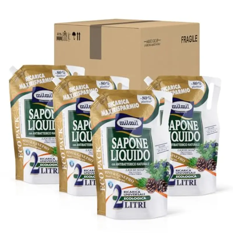 Milmil Sapone Liquido, Fragranza Pino & Ginepro, Ricarica Universale Maxirisparmio, Dermatologicamente Testato con