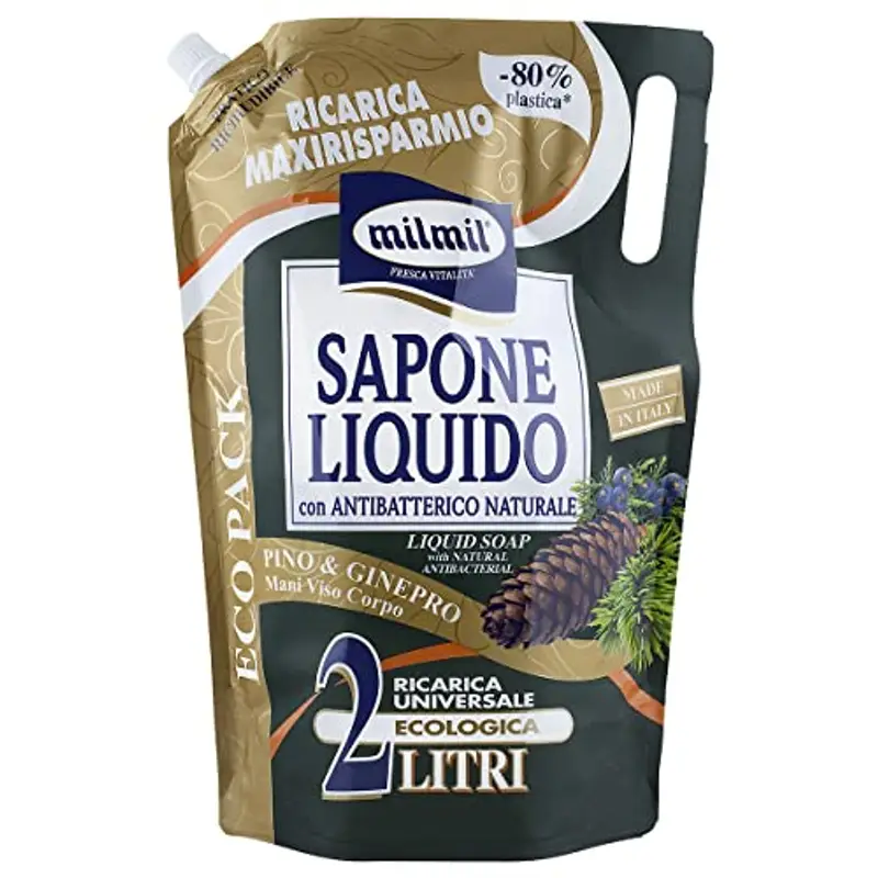 Milmil Sapone Liquido, Fragranza Pino & Ginepro, Ricarica Universale Maxirisparmio, Dermatologicamente Testato con Antibatterico Naturale - 2000 ML