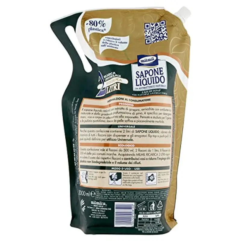 Milmil Sapone Liquido, Fragranza Pino & Ginepro, Ricarica Universale Maxirisparmio, Dermatologicamente Testato con Antibatterico Naturale - 2000 ML miniatura 2