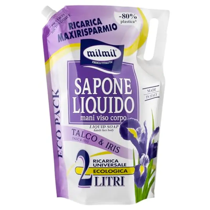 Milmil Sapone Liquido, Fragranza Talco & Iris, Ricarica Universale Maxirisparmio.