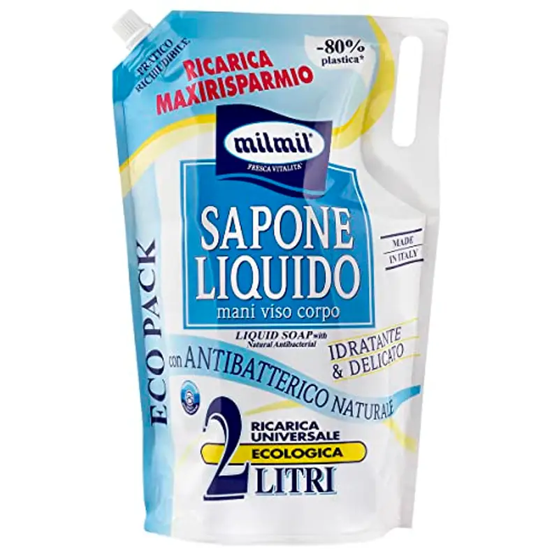 Milmil Sapone Liquido Neutro, Ricarica Universale Maxirisparmio, Dermatologicamente Testato con Antibatterico Naturale - 2000 ML