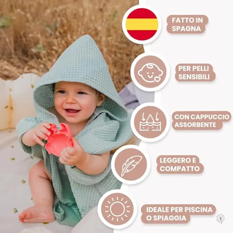 MIMUSELINA Poncho Asciugamano Bebe - Asciugamano Baby in cotone - Poncho leggero e assorbente, ad asciugatura rapida, asciugamano per bambini per spiaggia e bagno (Mint) miniatura 2