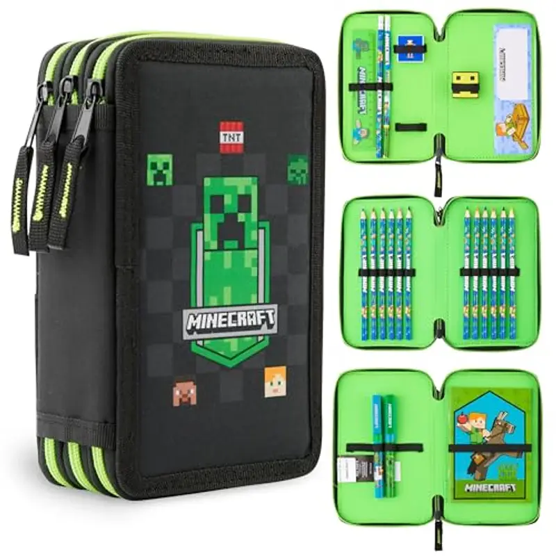 MINECRAFT Astuccio Matite per Bambini con Scomparti Multipli, Include Accessori Scuola (AOP Nero)