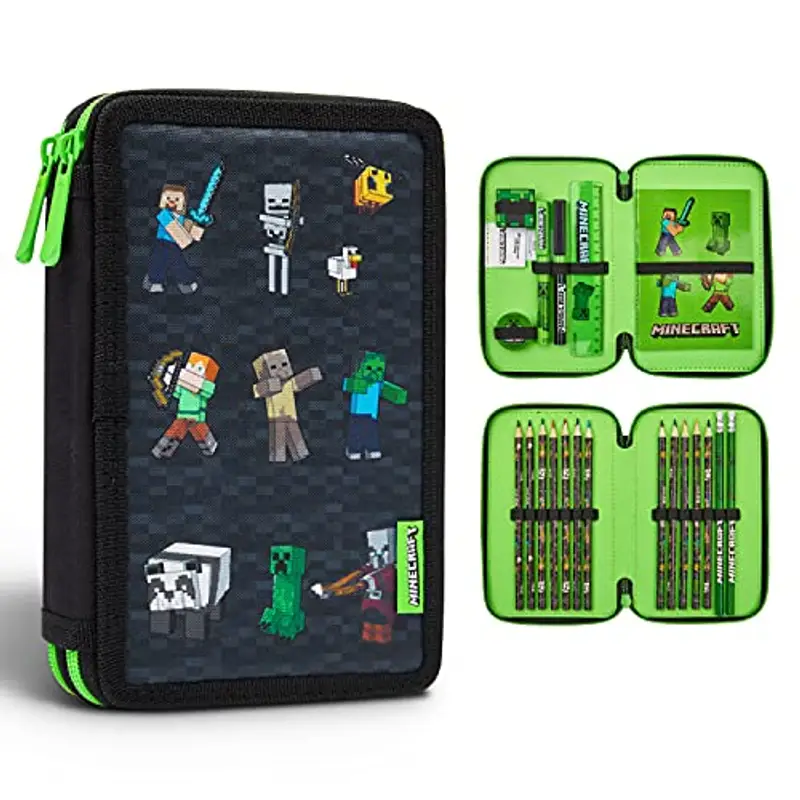 Minecraft Astuccio Matite per Bambini con Scomparti Multipli, Include Accessori Scuola (Nero)
