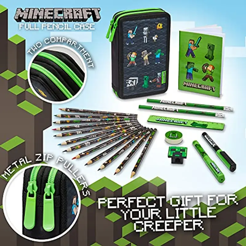 Minecraft Astuccio Matite per Bambini con Scomparti Multipli, Include Accessori Scuola (Nero) miniatura 2