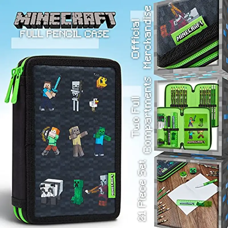 Minecraft Astuccio Matite per Bambini con Scomparti Multipli, Include Accessori Scuola (Nero) miniatura 3
