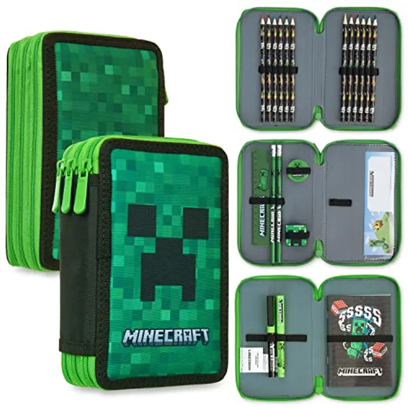 MINECRAFT Astuccio Matite per Bambini con Scomparti Multipli, Include Accessori Scuola (Verde Creeper)