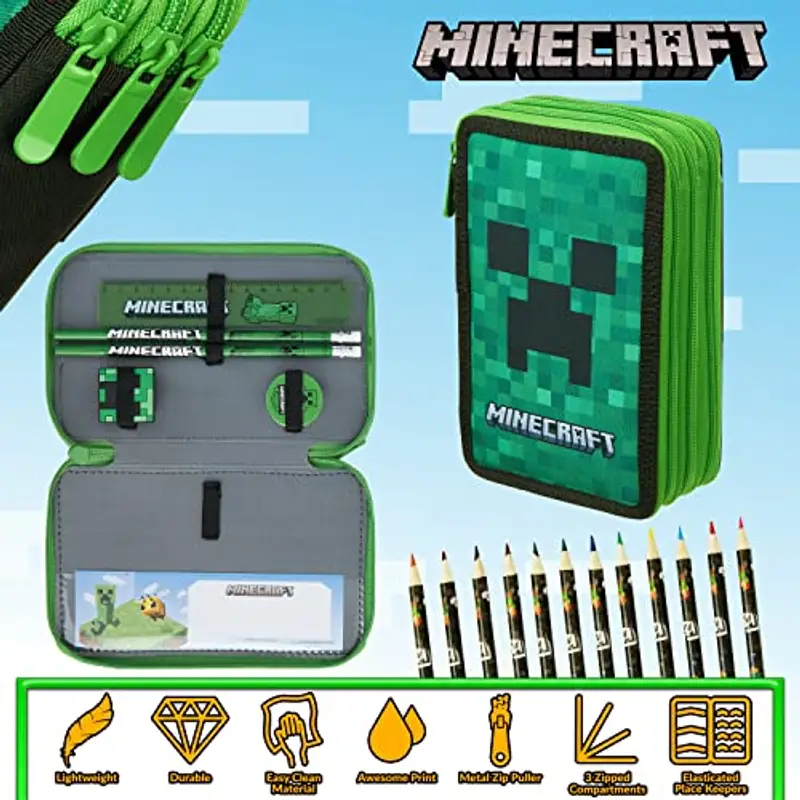 MINECRAFT Astuccio Matite per Bambini con Scomparti Multipli, Include Accessori Scuola (Verde Creeper) miniatura 3