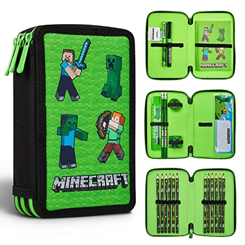 Minecraft Astuccio Matite per Bambini con Scomparti Multipli, Include Accessori Scuola (Verde Mob)