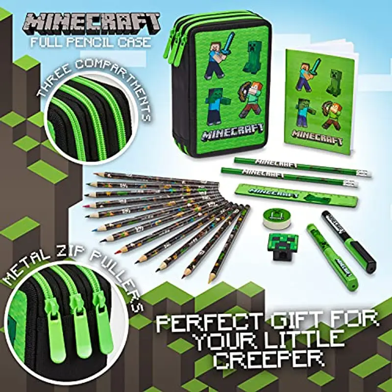 Minecraft Astuccio Matite per Bambini con Scomparti Multipli, Include Accessori Scuola (Verde Mob) miniatura 2