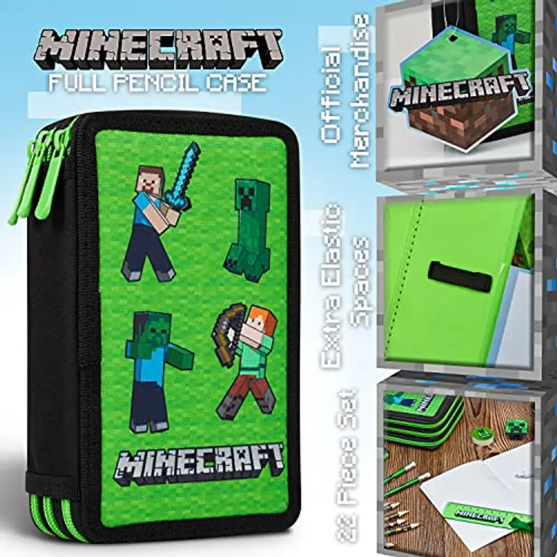 Minecraft Astuccio Matite per Bambini con Scomparti Multipli, Include Accessori Scuola (Verde Mob) miniatura 3