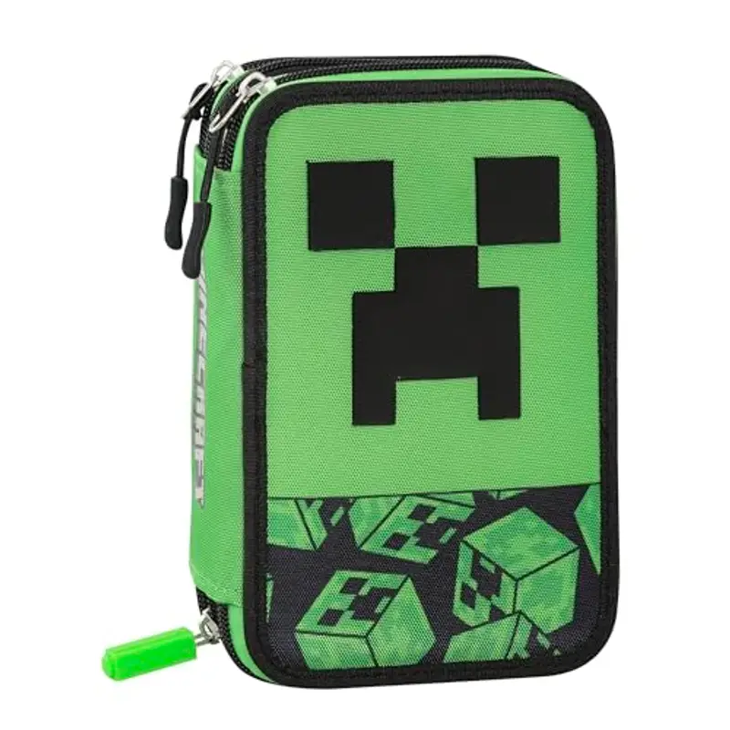 MINECRAFT - Astuccio Scuola Ufficiale Minecraft, Astuccio 3 Scomparti Bambini e Ragazzi con Set Cancelleria Incluso, 5 Etichette Adesive Portanome e Pratica Chiusura a Zip, 13x20Hx7 cm