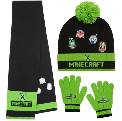 Minecraft Berretto Invernale Bambino Set con Cappello e Guanti o Cappellino, Guanti con Sciarpa, Creeper Regalo Ragazzo