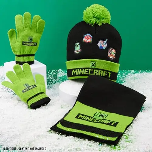 Minecraft Berretto Invernale Bambino Set con Cappello e Guanti o Cappellino, Guanti con Sciarpa, Creeper Regalo Ragazzo miniatura 2