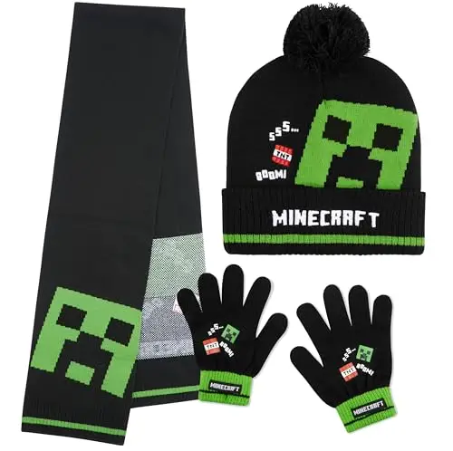 Minecraft Berretto Invernale Bambino Set con Cappello e Guanti o Cappellino, Guanti con Sciarpa, Creeper Regalo Ragazzo