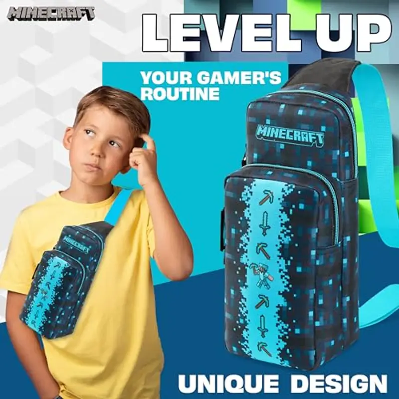 MINECRAFT Borsa Tracolla Bambino Borsa Ragazzo con Tracolla Regolabile per Viaggio Telefono Denaro Regalo per Gamer (Blu) miniatura 3