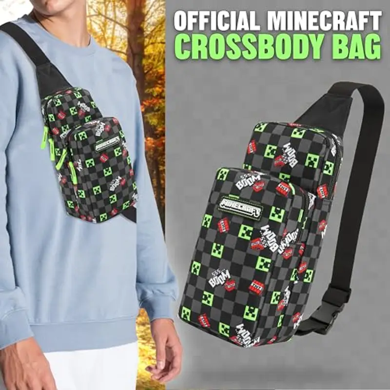 MINECRAFT Borsa Tracolla Bambino Borsa Ragazzo con Tracolla Regolabile per Viaggio Telefono Denaro Regalo per Gamer (Nero/Mult) miniatura 2