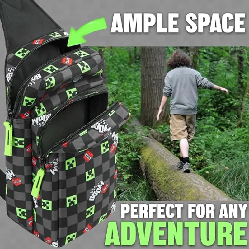 MINECRAFT Borsa Tracolla Bambino Borsa Ragazzo con Tracolla Regolabile per Viaggio Telefono Denaro Regalo per Gamer (Nero/Mult) miniatura 3