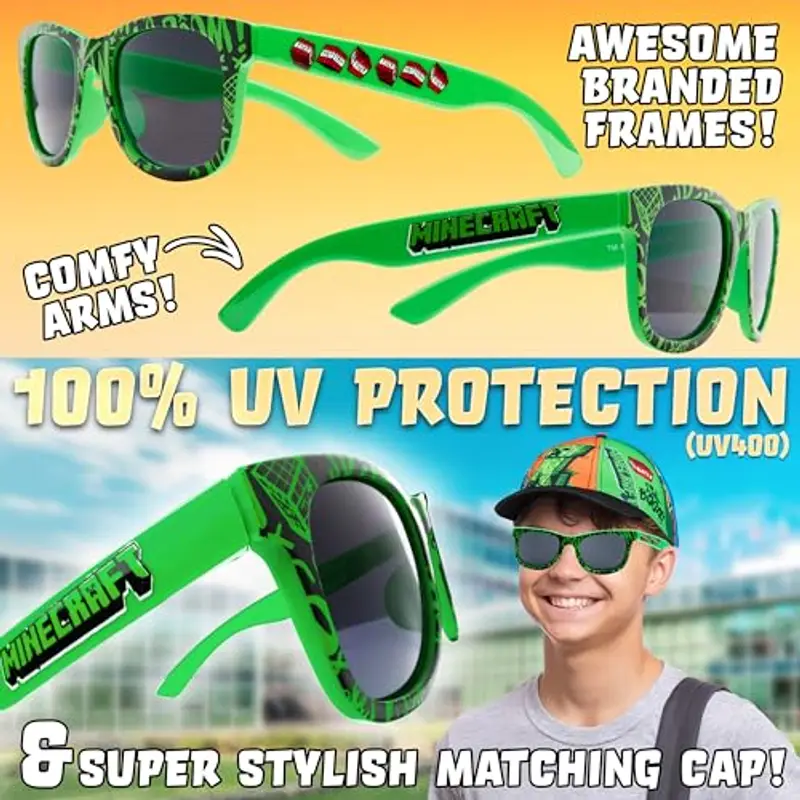 MINECRAFT Occhiali Sole Cappello Bambino Set Creeper Berretto Baseball Regolabile con Visiera e 100% UV Occhiali da Sole (6-14 Anni, Multi) miniatura 3