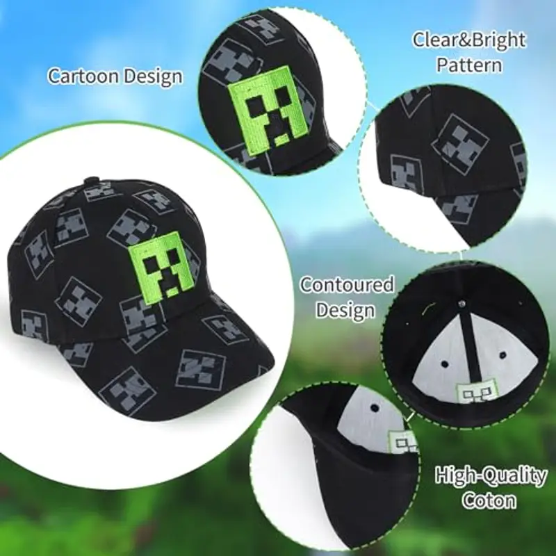 Miner Cappello Baseball Bambini, Creeper Cappellino Baseball Regolabile Bambino, Cappellino Baseball Estivo Bambini miniatura 3