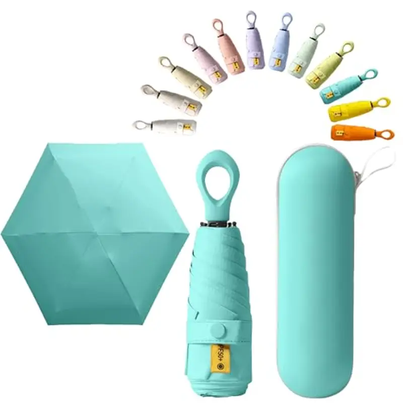 Mini ombrello da viaggio con manico ad anello, strato di rivestimento in tessuto, anti UPF 50, protezione UV 99,9%,