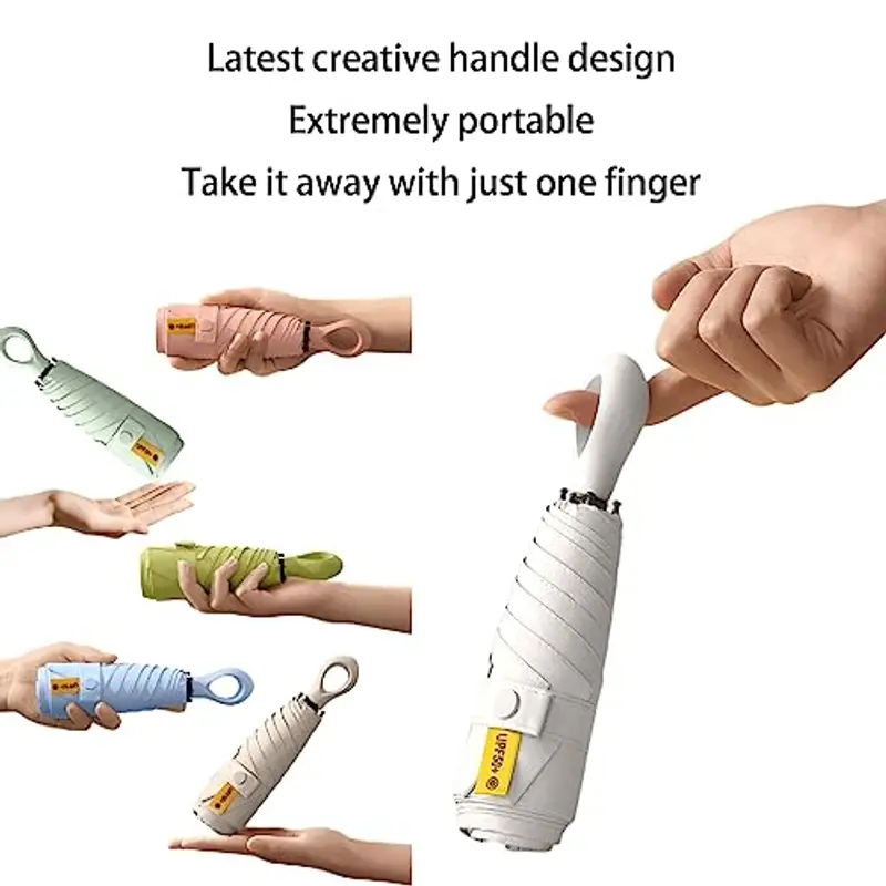 Mini ombrello da viaggio con manico ad anello, strato di rivestimento in tessuto, anti UPF 50, protezione UV 99, 9%, compatto e pieghevole, leggero, piccolo zaino portatile, pioggia, sole, uomo, donna miniatura 3