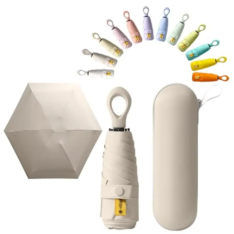 Mini ombrello da viaggio con manico ad anello, strato di rivestimento in tessuto, anti UPF 50, protezione UV 99,9%, compatto e pieghevole, leggero, piccolo zaino portatile, pioggia, sole, uomo, donna