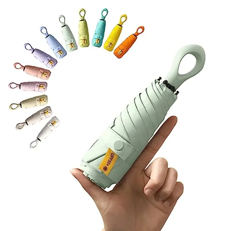 Mini ombrello da viaggio con manico ad anello, strato di rivestimento in tessuto, anti UPF 50, protezione UV 99,9%, compatto e pieghevole, leggero, piccolo zaino portatile, pioggia, sole, uomo, donna