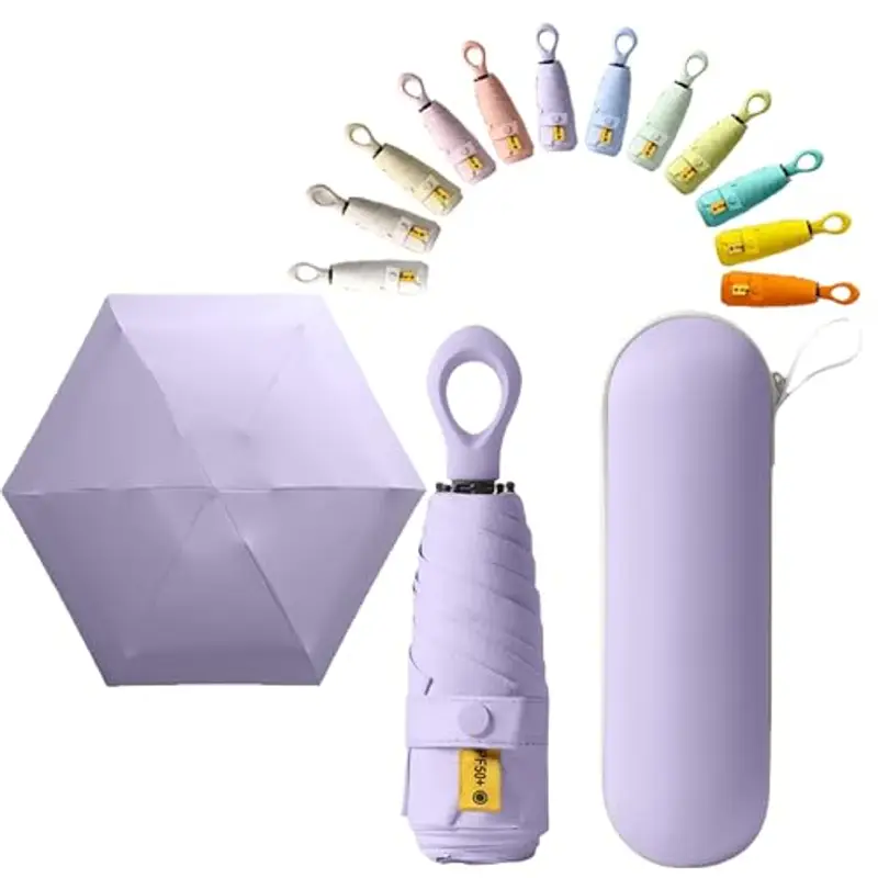 Mini ombrello da viaggio con manico ad anello, strato di rivestimento in tessuto, anti UPF 50, protezione UV 99,9%, compatto e pieghevole, leggero, piccolo zaino portatile, pioggia, sole, uomo, donna
