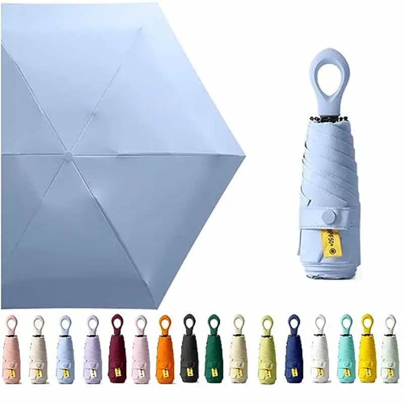 Mini ombrello da viaggio con manico ad anello, strato di rivestimento in tessuto, anti UPF 50, protezione UV 99,9%, compatto e pieghevole, leggero, piccolo zaino portatile, pioggia, sole, uomo, donna