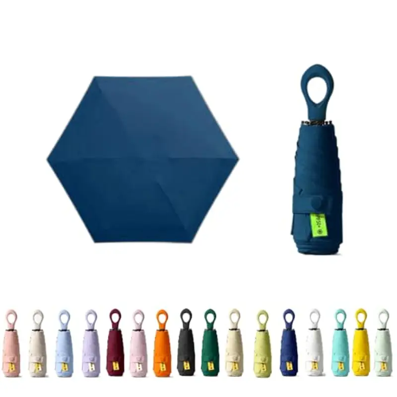 Mini ombrello da viaggio con manico ad anello, strato di rivestimento in tessuto, anti UPF 50, protezione UV 99,9%, compatto e pieghevole, leggero, piccolo zaino portatile, pioggia, sole, uomo, donna