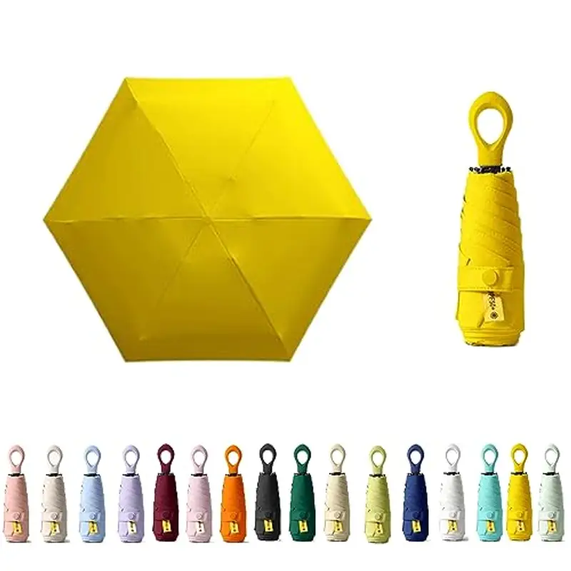 Mini ombrello da viaggio con manico ad anello, strato di rivestimento in tessuto, anti UPF 50, protezione UV 99,9%, compatto e pieghevole, leggero, piccolo zaino portatile, pioggia, sole, uomo, donna