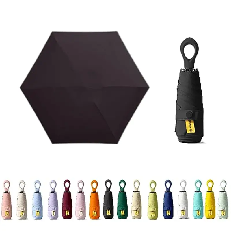 Mini ombrello da viaggio con manico ad anello, strato di rivestimento in tessuto, anti UPF 50, protezione UV 99,9%, compatto e pieghevole, leggero, piccolo zaino portatile, pioggia, sole, uomo, donna