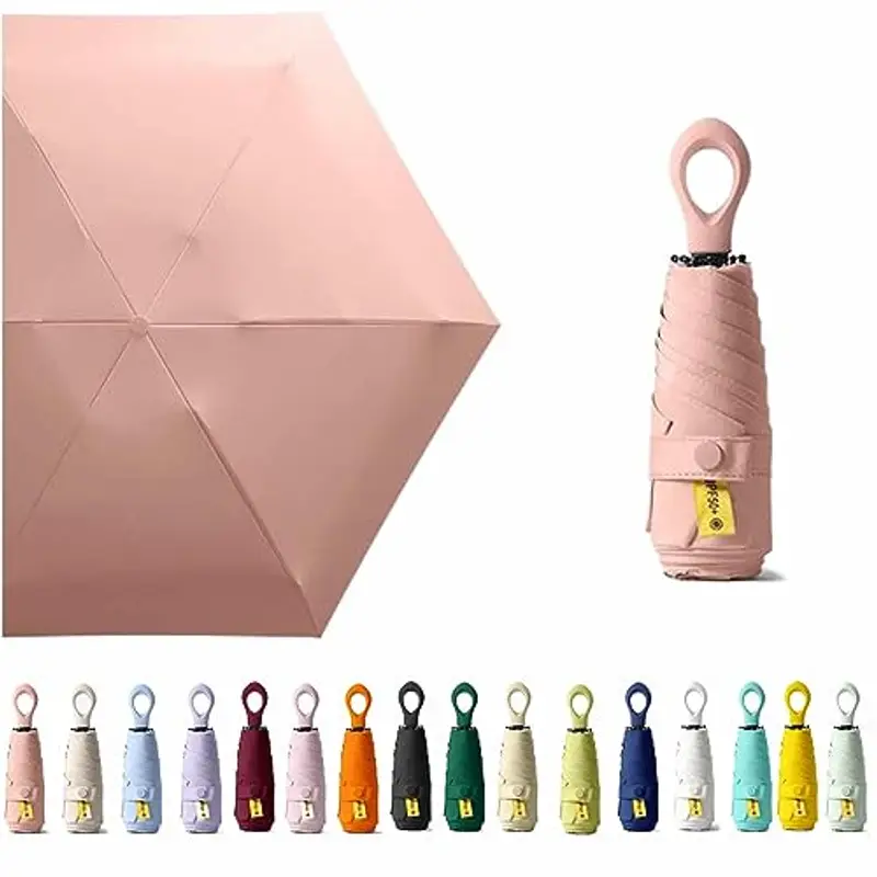 Mini ombrello da viaggio con manico ad anello, strato di rivestimento in tessuto, anti UPF 50, protezione UV 99,9%, compatto e pieghevole, leggero, piccolo zaino portatile, pioggia, sole, uomo, donna