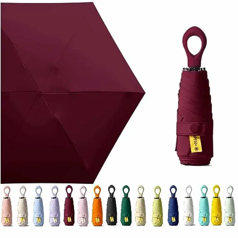 Mini ombrello da viaggio con manico ad anello, strato di rivestimento in tessuto, anti UPF 50, protezione UV 99,9%, compatto e pieghevole, leggero, piccolo zaino portatile, pioggia, sole, uomo, donna