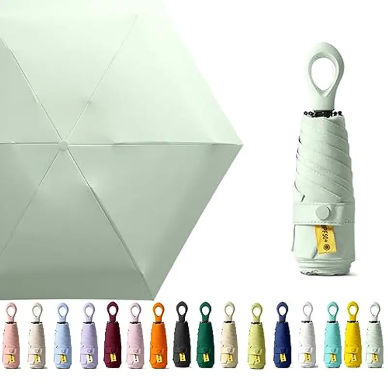 Mini ombrello da viaggio con manico ad anello, strato di rivestimento in tessuto, anti UPF 50, protezione UV 99,9%, compatto e pieghevole, leggero, piccolo zaino portatile, pioggia, sole, uomo, donna