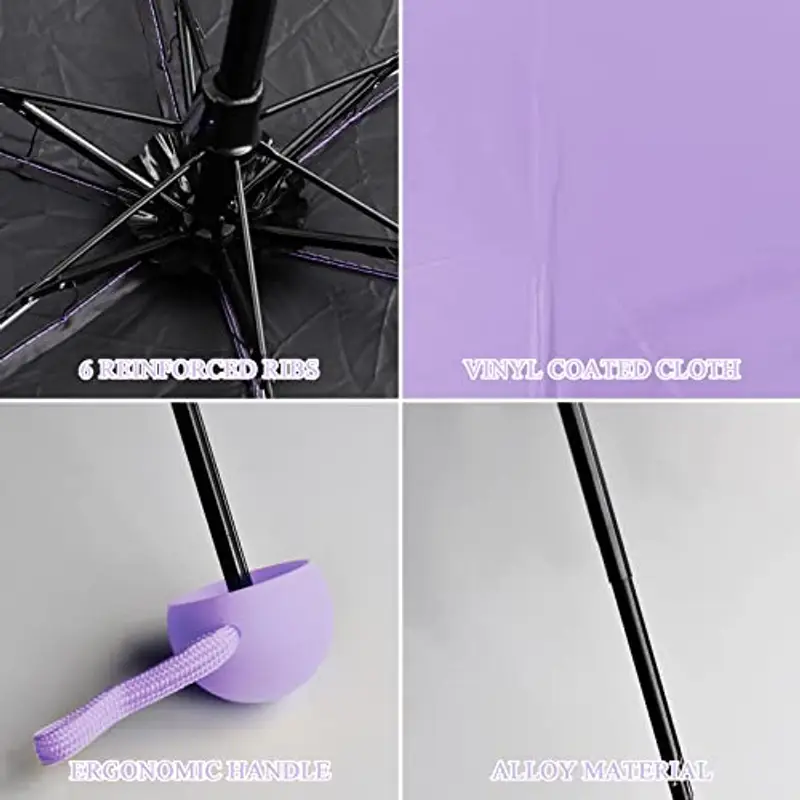 Mini Ombrello Pieghevole per Donna Uomo Bambino, Ombrello da Viaggio Piccolo Tascabile, 6 Costole Ombrellos con Custodia, Umbrella Pioggia Antivento Anti UV, Ombrello Compatto per Scuola (Porpora) miniatura 3