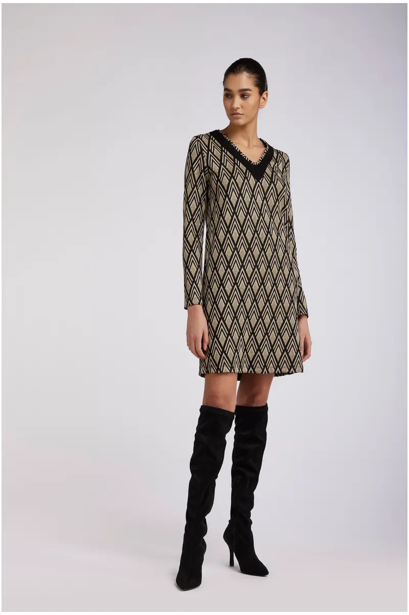 miniabito scollo a "v" lavorazione jacquard geometrico sabbia m