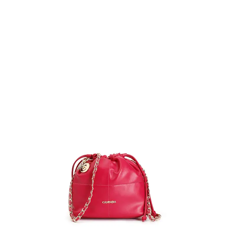 minibag con chiusura a coulisse e tracolla a catena con infilature eleganti fuxia