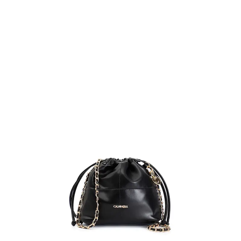 minibag con chiusura a coulisse e tracolla a catena con infilature eleganti nero