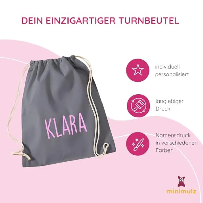 minimutz - Sacca da ginnastica personalizzata in stoffa con nome stampato per bambini, in diversi colori (grigio) miniatura 2
