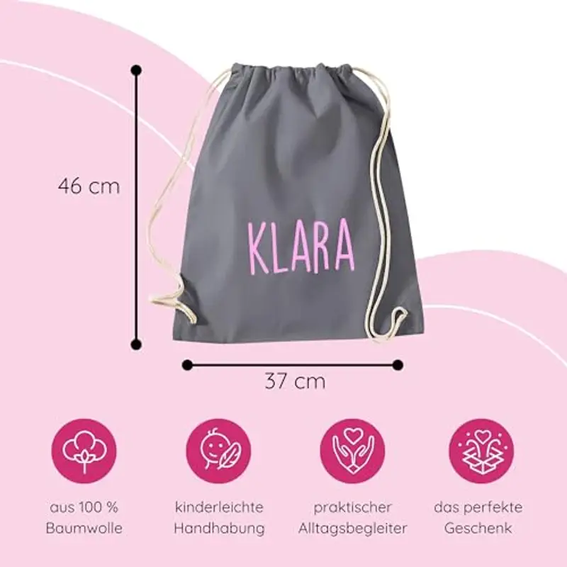 minimutz - Sacca da ginnastica personalizzata in stoffa con nome stampato per bambini, in diversi colori (grigio) miniatura 3