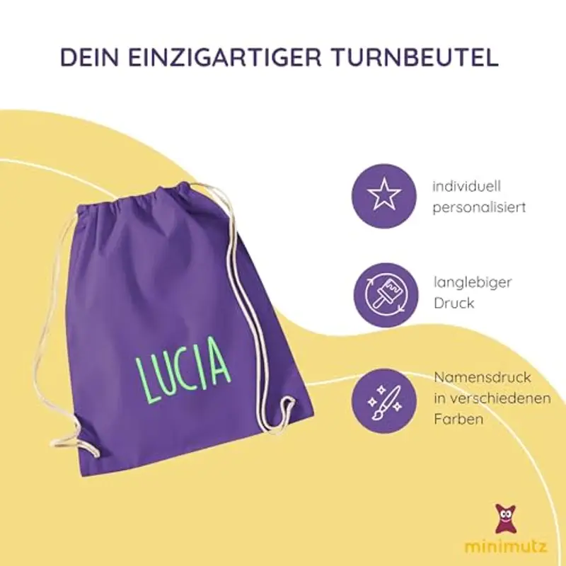 minimutz - Sacca da ginnastica personalizzata in stoffa con nome stampato per bambini, in diversi colori (viola) miniatura 2