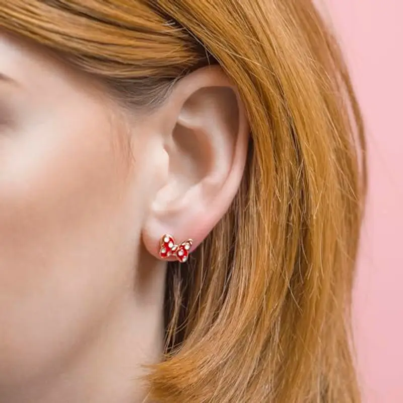 Minnie Mouse - Orecchini a perno placcati in oro con fiocco rosso a pois, Misura unica, Ottone placcato oro, Nessuna pietra preziosa miniatura 2