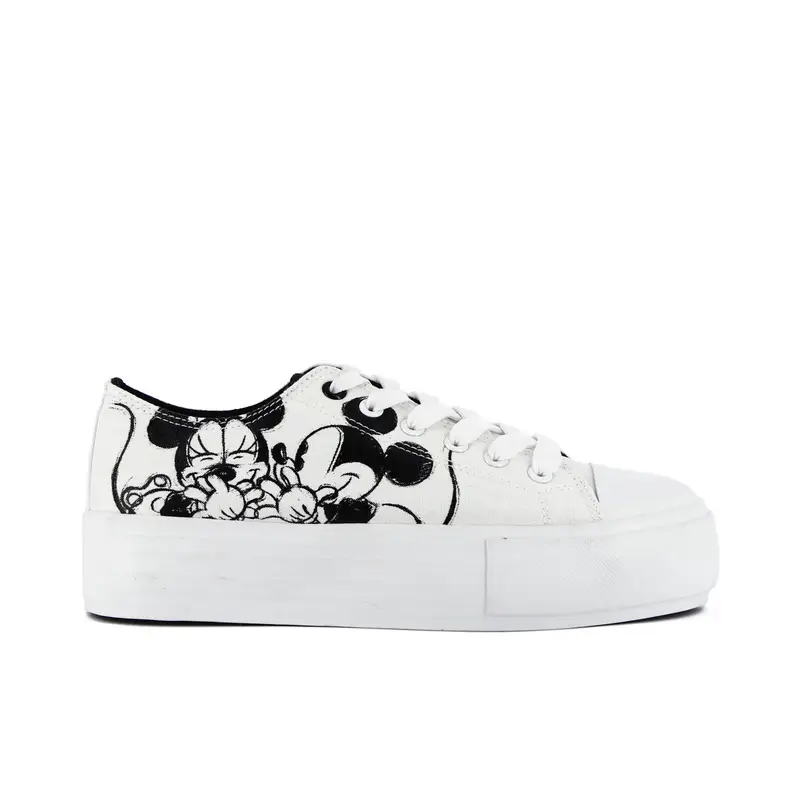 Sneakers bianche con suola platform e stampa laterale cartoon Minnie e Topolino