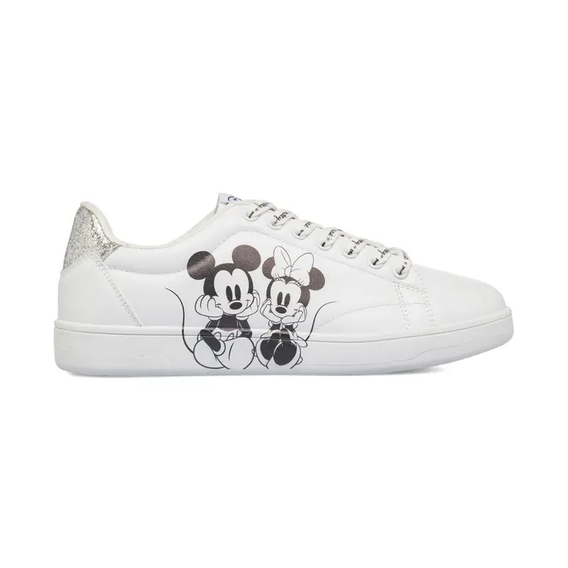 Sneakers bianche da donna con stampa cartoon Minnie e Mickey Mouse
