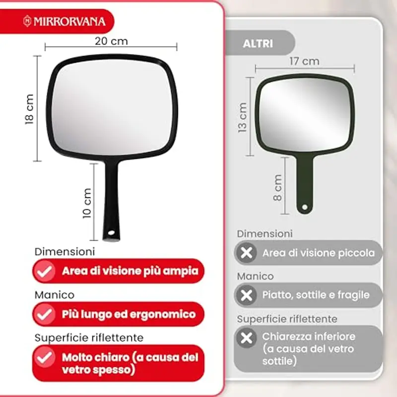 MIRRORVANA Specchio a mano con manico ergonomico, specchio portatile per trucco, tagli di capelli domestici, uso dentale e barbiere, 20, 3 x 27, 9 cm (nero) miniatura 2
