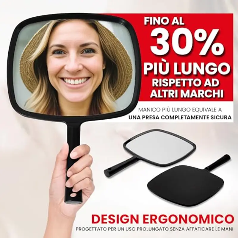 MIRRORVANA Specchio a mano con manico ergonomico, specchio portatile per trucco, tagli di capelli domestici, uso dentale e barbiere, 20, 3 x 27, 9 cm (nero) miniatura 3