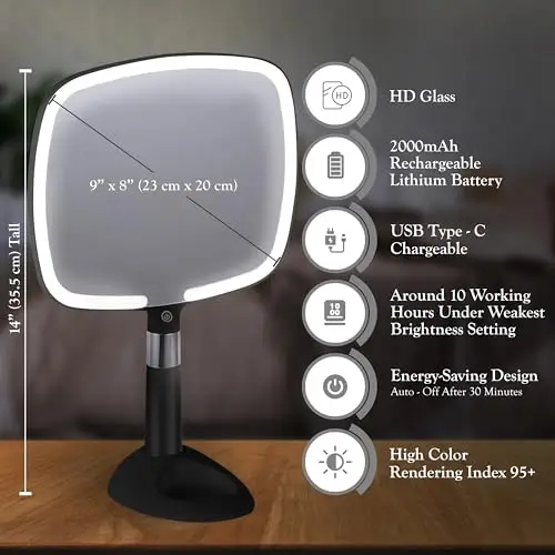 MIRRORVANA Specchio a mano illuminato con manico, design ergonomico con 3 modalità di illuminazione e supporto miniatura 3