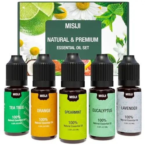 MISIJI Set di oli essenziali per diffusori，per la casa, lavanda, menta, tea tree, eucalipto, arancio, 5 X 10ML